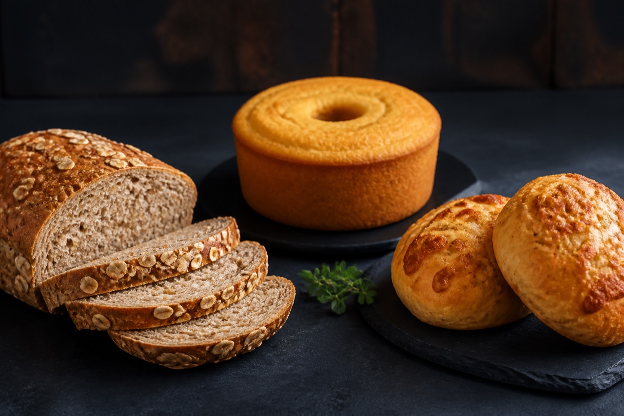 Pão integral fatiado, bolo simples e salgados assados em uma bancada escura